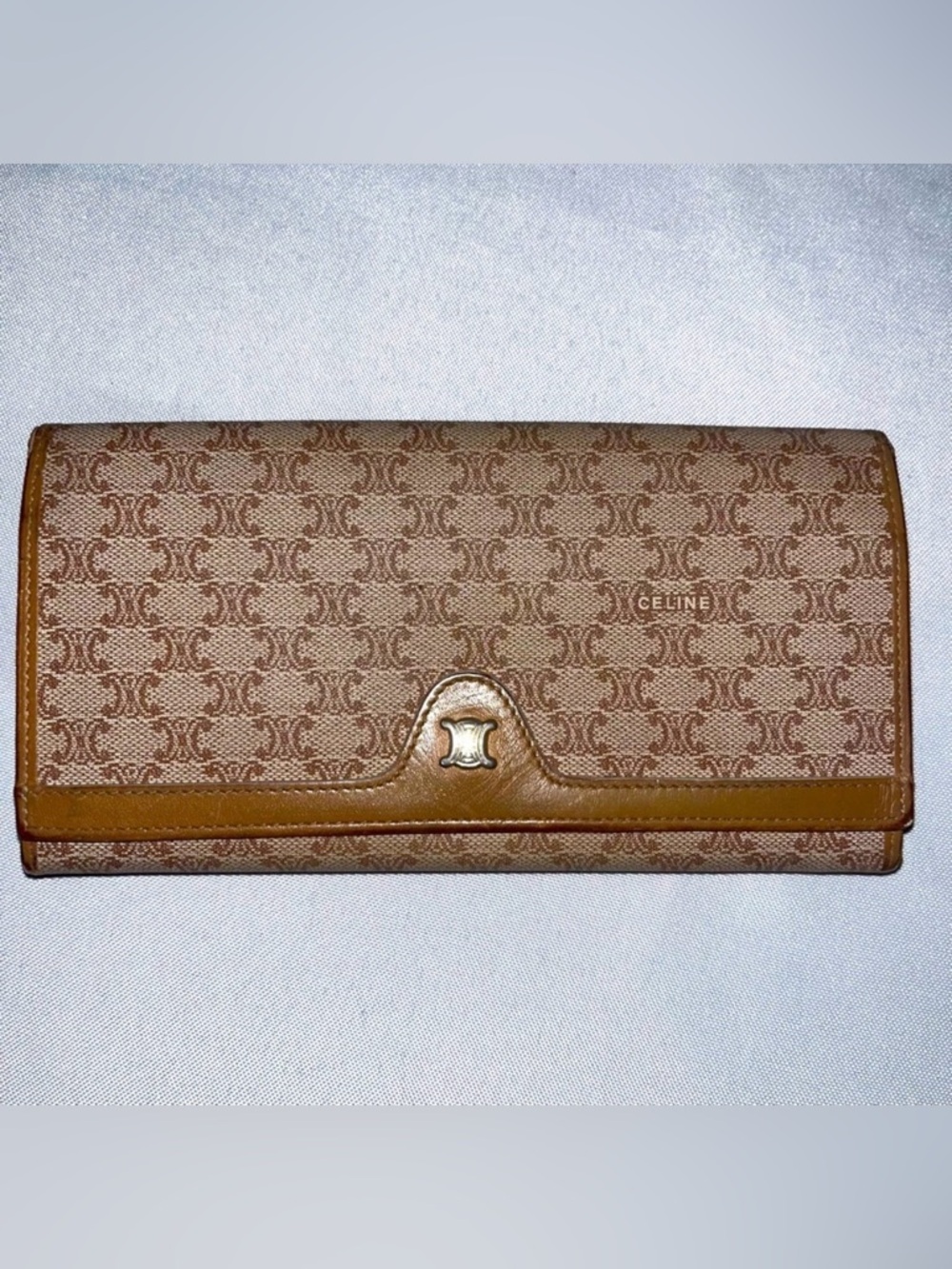 CELINE Tan Kisslock Long Wallet EUC Macadam Print in Leather & Coated Canvas